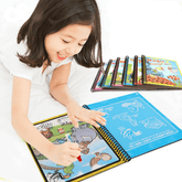 Livro de colorir infantil reutilizável com caneta de água, seguro e ecológico, ideal para desenvolvimento criativo e motor das crianças.